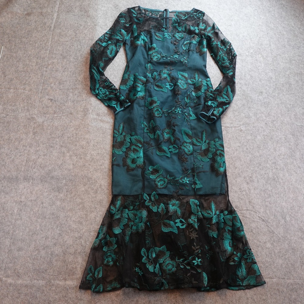 Zac Posen Dress Womens 4 Teal Floral Embroidered Mesh‎ Mermaid Gown Lace Midi